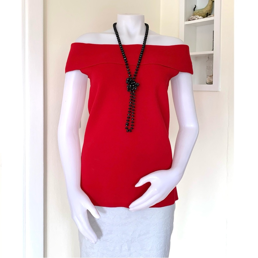 Ann Taylor red knit off the shoulder top - Picture 9 of 16